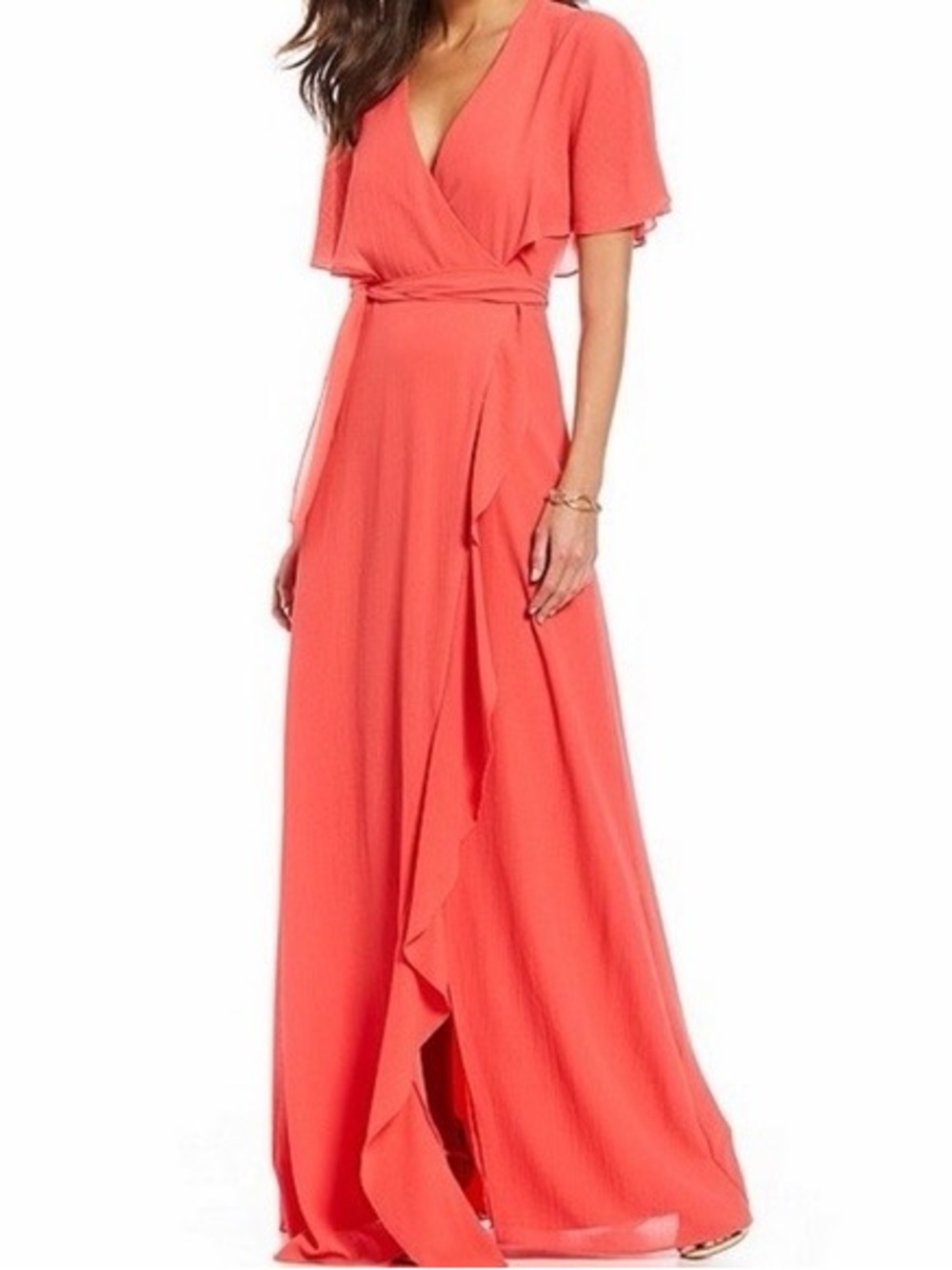 H by Halston Coral Wrap Maxi Dress with Flutter Sleeves